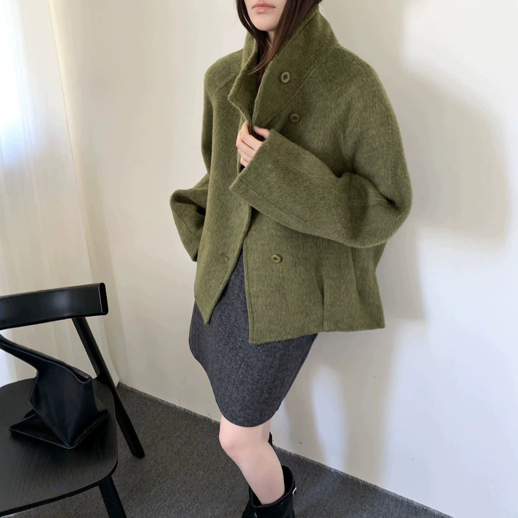 Olive tailored coat with wide lapels